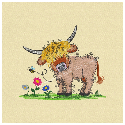 RAGGY HIGHLAND BULL Machine Embroidery Design
