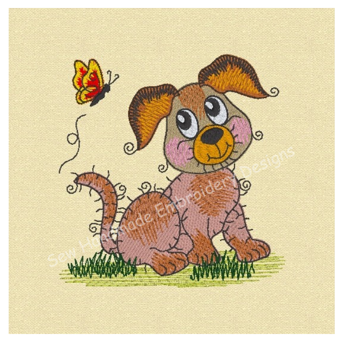 RAGGY PUPPY DOG with BUTTERFLY Machine  Embroidery Design