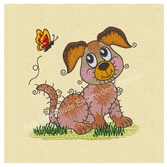 RAGGY PUPPY DOG with BUTTERFLY Machine  Embroidery Design