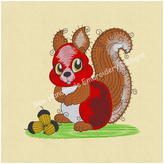 RAGGY SQUIRREL WITH NUTS Machine  Embroidery Design