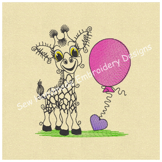 RAGGY GIRAFFE SKETCH WITH BALLOON Machine Embroidery Design  4 x 4.5