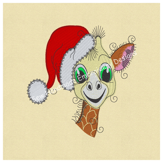 RAGGY GIRAFFE WITH CHRISTMAS HAT Machine Embroidery Design