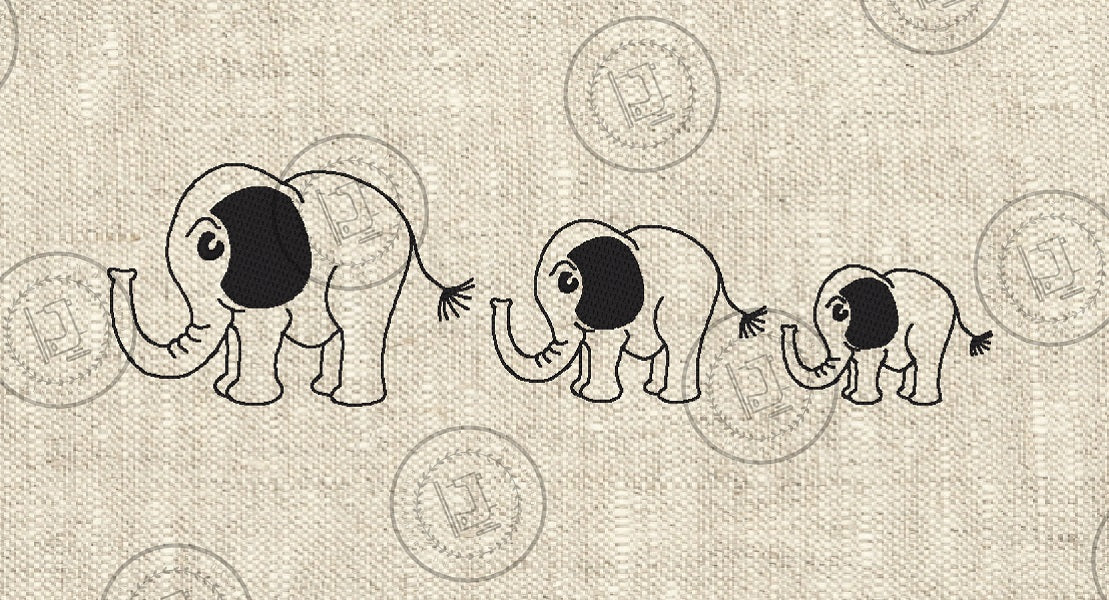 SKETCH ELEPHANT FAMILY Embroidery Design - SEF023  3 x Elephants in a row  4" x 14"