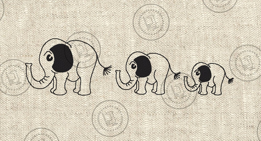 SKETCH ELEPHANT FAMILY Embroidery Design - SEF023  3 x Elephants in a row  4" x 14"