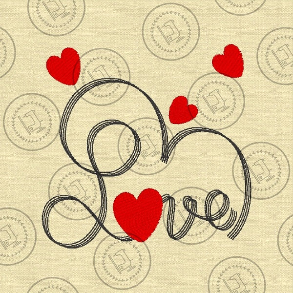 "An embroidered design featuring the word 'Love' in cursive script, stitched with black thread. The letter 'o' is shaped like a red heart, and additional red hearts are scattered decoratively around the design on a light fabric background."