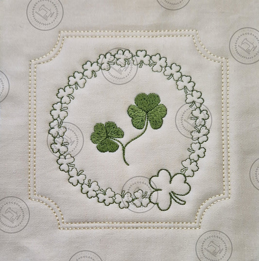 SAINT PATRICKS IRISH SHAMROCK CIRCLE in SQUARE FRAME WITH INSET CORNERS Machine Embroidery Design