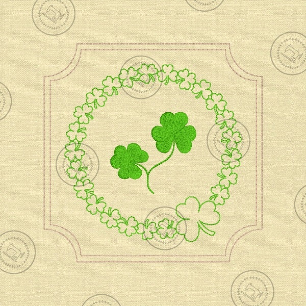 SAINT PATRICKS IRISH SHAMROCK CIRCLE in SQUARE FRAME WITH INSET CORNERS Machine Embroidery Design