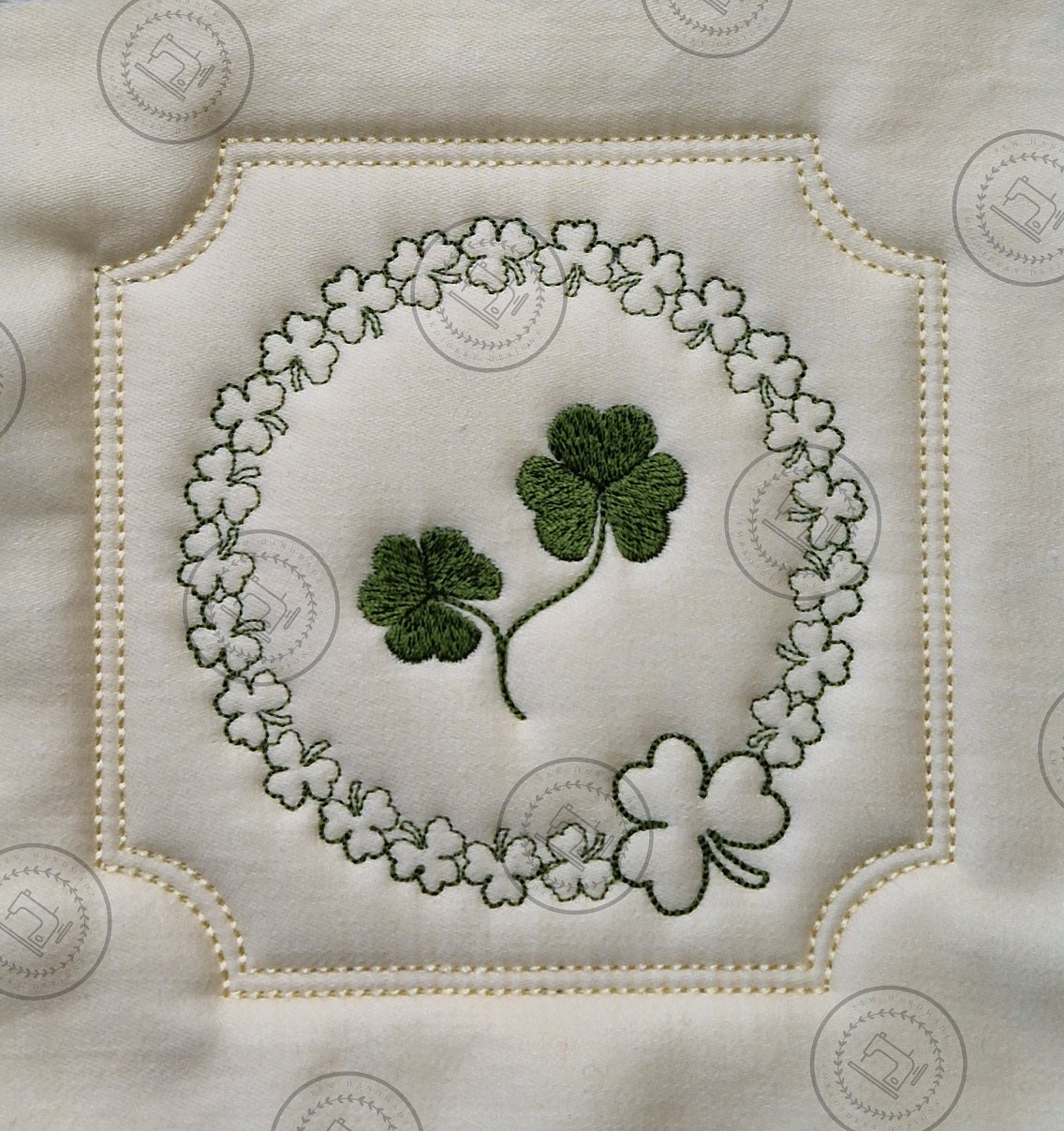 SAINT PATRICKS IRISH SHAMROCK CIRCLE in SQUARE FRAME WITH INSET CORNERS Machine Embroidery Design