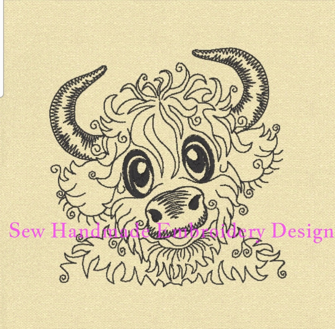 RAGGY HIGHLAND BULL SKETCH Machine Embroidery Design