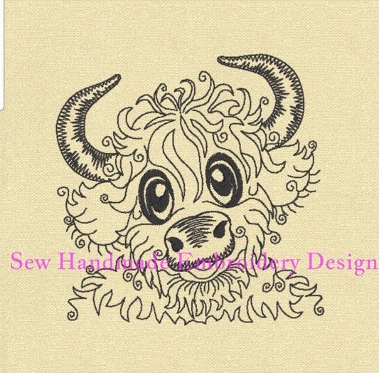 RAGGY HIGHLAND BULL SKETCH Machine Embroidery Design
