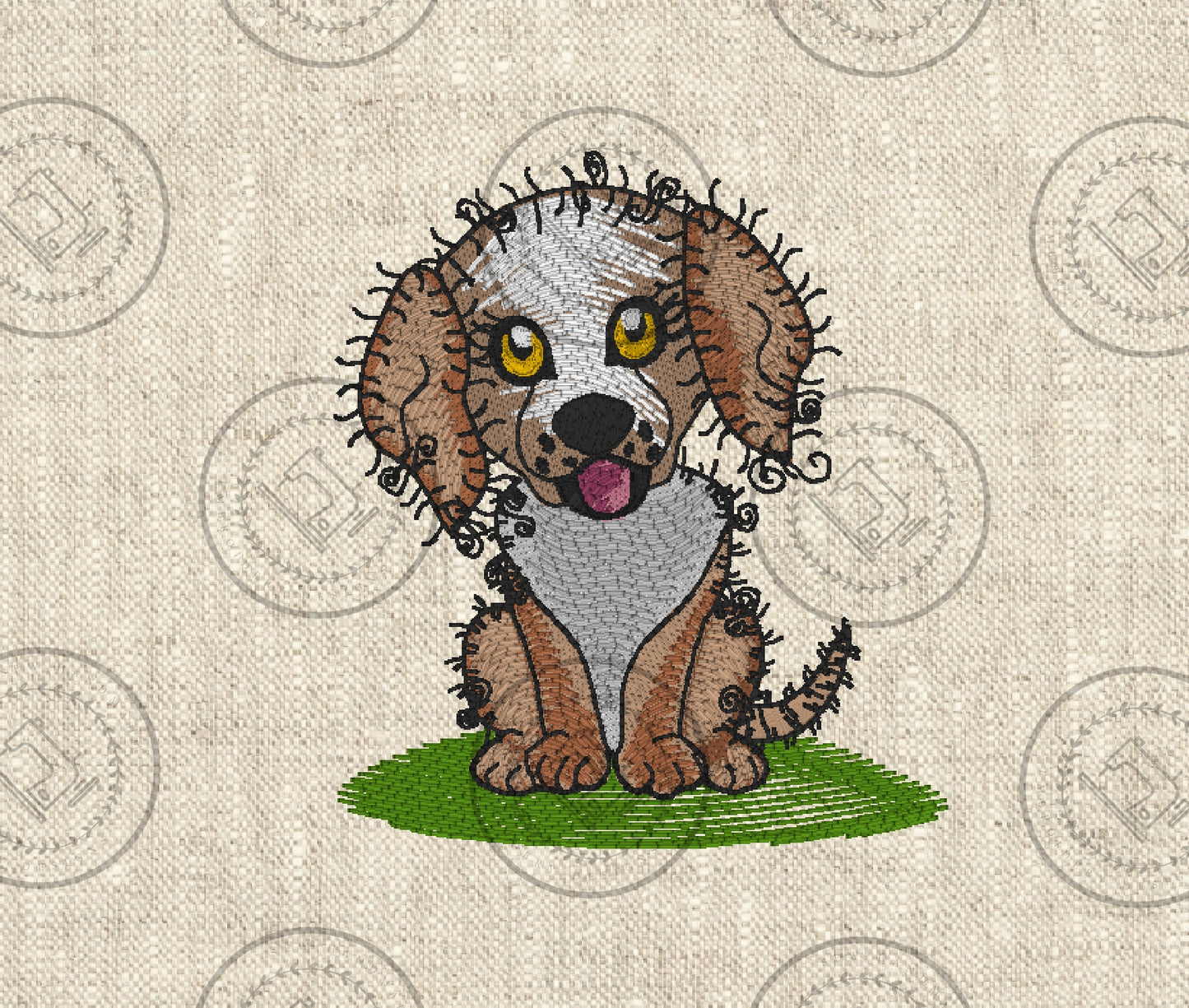 A machine embroidery design of a cute whimsical puppy dog sitting on a patch of green grass.  the dog has large expressive yellow and black eyes,a light coloured face with floppy brown ears, with curly sketch-like accents around the edges,giving it a playful adorable look.  It's tongue is sticking out adding to its cheerful appearance. 