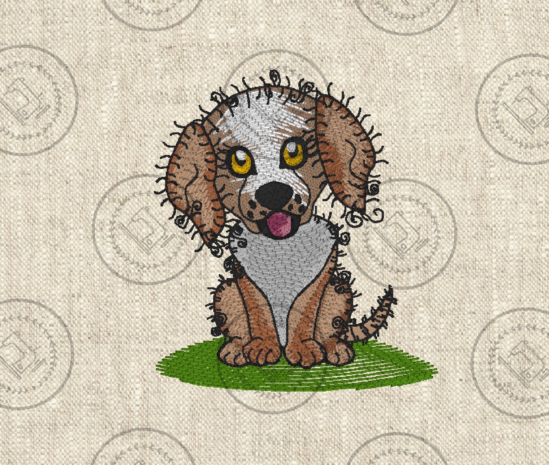 A machine embroidery design of a cute whimsical puppy dog sitting on a patch of green grass.  the dog has large expressive yellow and black eyes,a light coloured face with floppy brown ears, with curly sketch-like accents around the edges,giving it a playful adorable look.  It's tongue is sticking out adding to its cheerful appearance. 