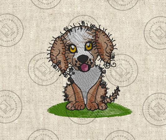 A machine embroidery design of a cute whimsical puppy dog sitting on a patch of green grass.  the dog has large expressive yellow and black eyes,a light coloured face with floppy brown ears, with curly sketch-like accents around the edges,giving it a playful adorable look.  It's tongue is sticking out adding to its cheerful appearance. 