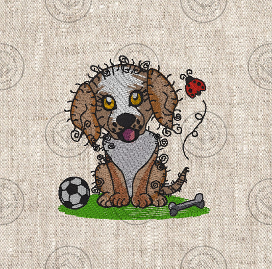 A machine embroidery design of a cute whimsical puppy dog sitting on a patch of green grass.  The dog has large expressive yellow and black eyes,a light coloured face with floppy brown ears, with curly sketch-like accents around the edges,giving it a playful adorable look.  It's tongue is sticking out adding to its cheerful appearance.  There's a bone lying on the grass to one side of the dog and ablack and white football at the dogs right paw and a ed & black ladybird flies near the dogs ear.